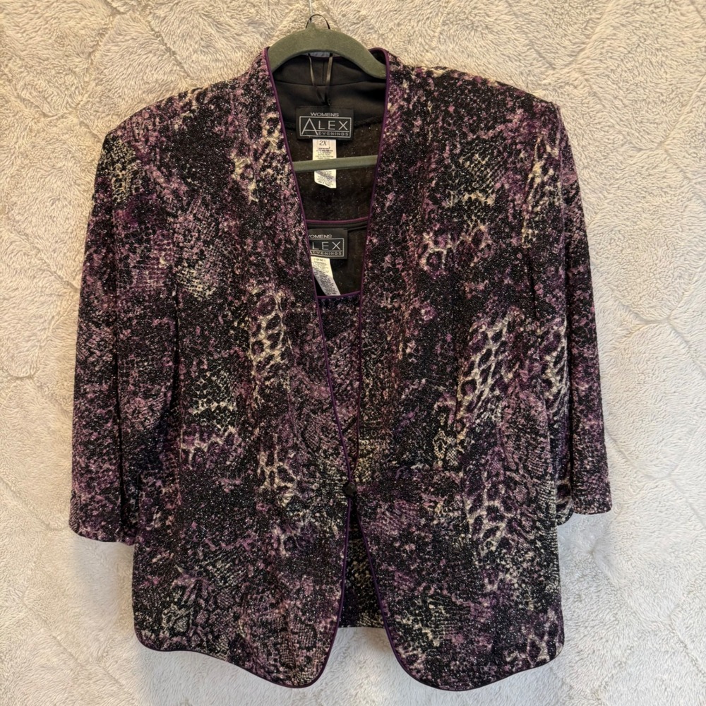 Alex Evenings 2X Purple Black Metallic 2Pc Jacket Shell Top Plus Sz Evening set